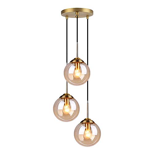 LFsem Industriel Rétro 3 Luminaire Suspensions Boule De Verre Lampe Suspension Raccords En Laiton Suspension E27 Loft Suspension pour Salon Salle À Manger Chambre (3 lumières, Ambre)