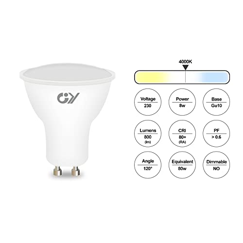 GY Lot de 12 Ampoules LED GU10, 8W équivalent 80W, 800 lumens, Blanc Neutre 4000K, 120° Larges Faisceaux, Ampoule GU10 Led Non-Dimmable