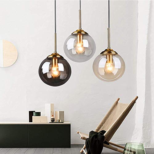 LFsem Industriel Rétro 3 Luminaire Suspensions Boule De Verre Lampe Suspension Raccords En Laiton Suspension E27 Loft Suspension pour Salon Salle À Manger Chambre (3 lumières, Ambre)