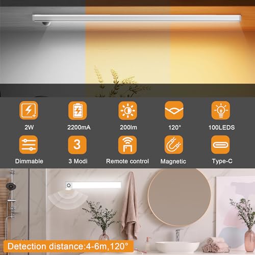 Wilktop Lampe de Placard 100LED, Lampe à Détecteur de Mouvement,Eclairage Led Rechargeable Interieur Placard,Dimmable Lampe LED Lumière Led pour Armoire Placard Escalier Cuisine (40CM 2 Pièce)