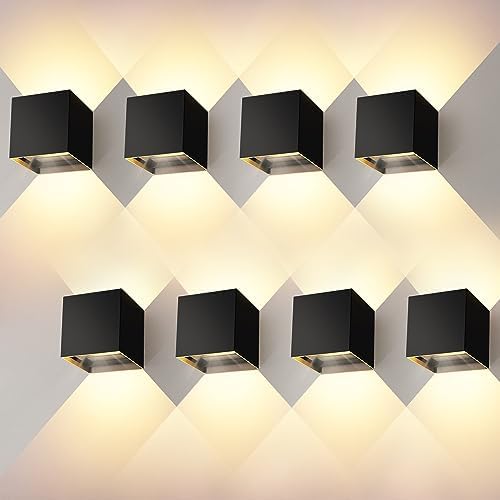 Kingwei ８ Pièces Applique Murale Interieur/Exterieur 12W Blanc Chaud 3000K Angle de Faisceau Réglable Appliques Murales Noire Lampe Murale Etanche IP65