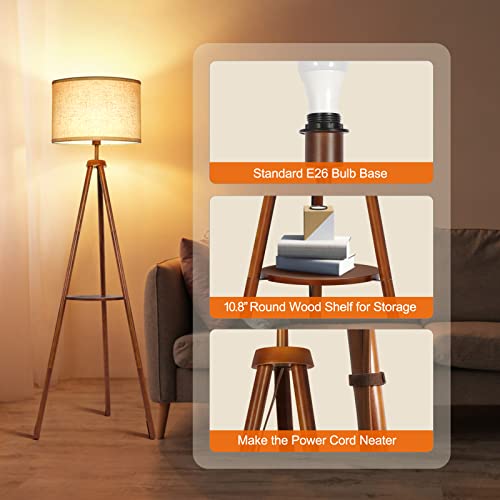 OUTON Lampadaire Trépied avec Étagères, Lampadaire Moderne LED Dimmable avec Télécommande, 4 Températures de Couleur, Lampe sur Pied en Bois avec Abat-jour en Lin Beige pour Salon, Chambre à Coucher