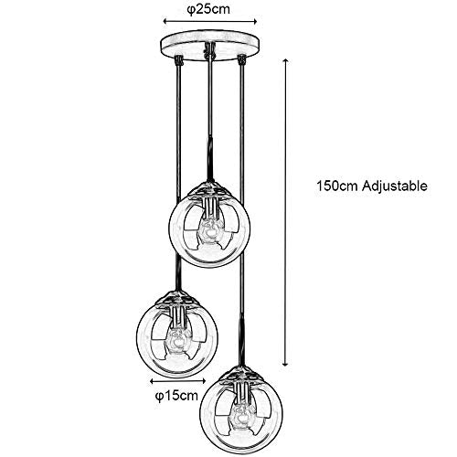 LFsem Industriel Rétro 3 Luminaire Suspensions Boule De Verre Lampe Suspension Raccords En Laiton Suspension E27 Loft Suspension pour Salon Salle À Manger Chambre (3 lumières, Ambre)