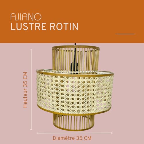 Ajiano Lustre Rotin, Suspension Bois en Bambou Naturel, Suspension Rotin Fait à la Main, Plafonnier Rotin Boho Forme Double Tambour, Luminaire pour Chambre Adulte, Couloir, Entrée, Cuisine