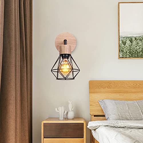 TOKIUS Lot de 2 Appliques Murales Interieur Vintages Industrielles Plafonniers Luminaires E27 en Métal Lampe Murale Industrielles Rétro Réglable 180° éclairage Mural Cuisine Salon (avec Bois -2pcs)