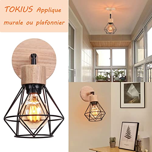 TOKIUS Lot de 2 Appliques Murales Interieur Vintages Industrielles Plafonniers Luminaires E27 en Métal Lampe Murale Industrielles Rétro Réglable 180° éclairage Mural Cuisine Salon (avec Bois -2pcs)