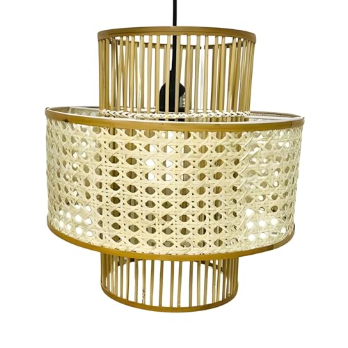 Ajiano Lustre Rotin, Suspension Bois en Bambou Naturel, Suspension Rotin Fait à la Main, Plafonnier Rotin Boho Forme Double Tambour, Luminaire pour Chambre Adulte, Couloir, Entrée, Cuisine