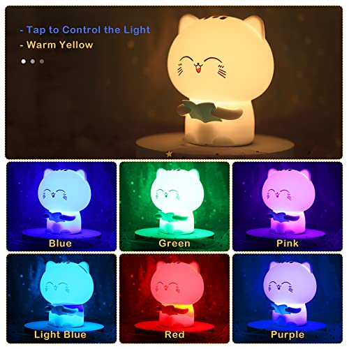 Chat Veilleuse Bebe, 7 Changements de Lumière Veilleuse Chat Recharge Lampe de Chevet Pour Chambre D'enfant Cadeau Veilleuse en Silicone Enfant Deco Lampe Noël Chambre Enfant Cadeau D'anniversaire