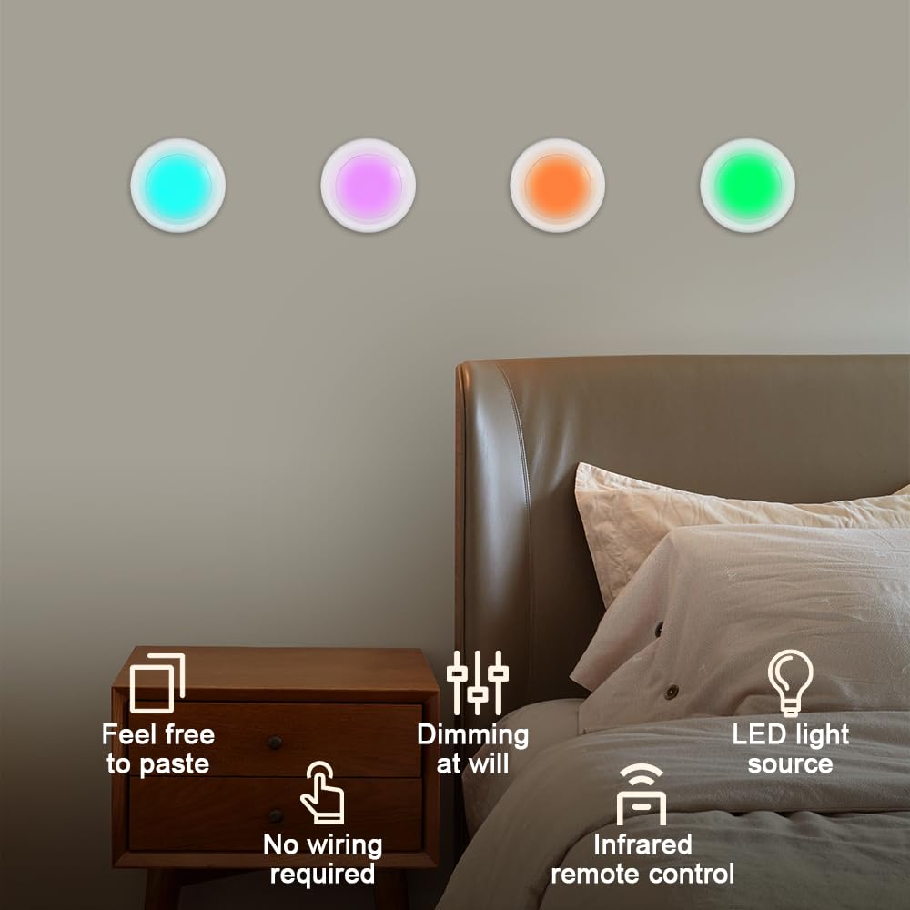 Spot RGB Led Sans Fil a Pile Autocollant, 4 Pièces 16 Couleurs Dimmable Led Telecommande Sans Fil avec Telecommande et Fonction Minuterie, Lampe de Placard Eclairage pour Cuisine Chambre