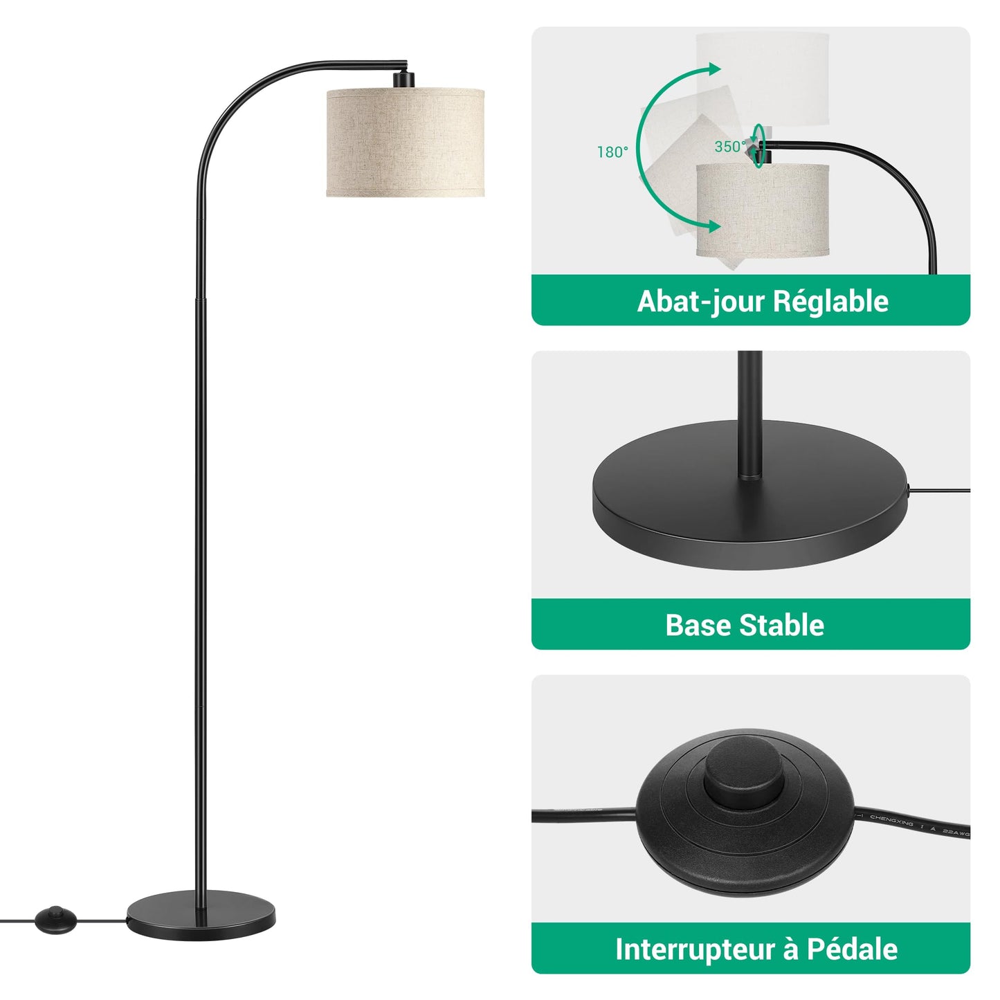 EDISHINE Lampadaire sur Pied Salon, Lampe à Arc avec Abat-Jour en Lin Beige, Douille E27, Lampadaire 161 cm Noir avec Abat-jour Réglable pour Chambre, Chambre d'Enfant (Ampoule non incluse)