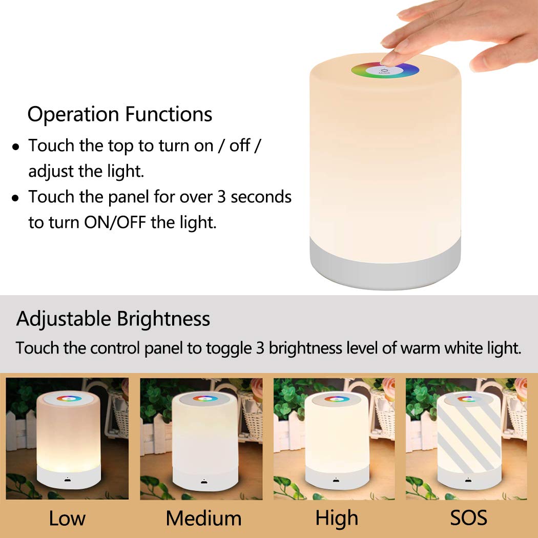 Veilleuse LED, Lampe de Table de Chevet Intelligente, Commande Tactile Dimmable, Rechargeable par USB, Portable, Changement de Couleur RGB pour les Enfants, Chambre Camping (Blanc Chaud)