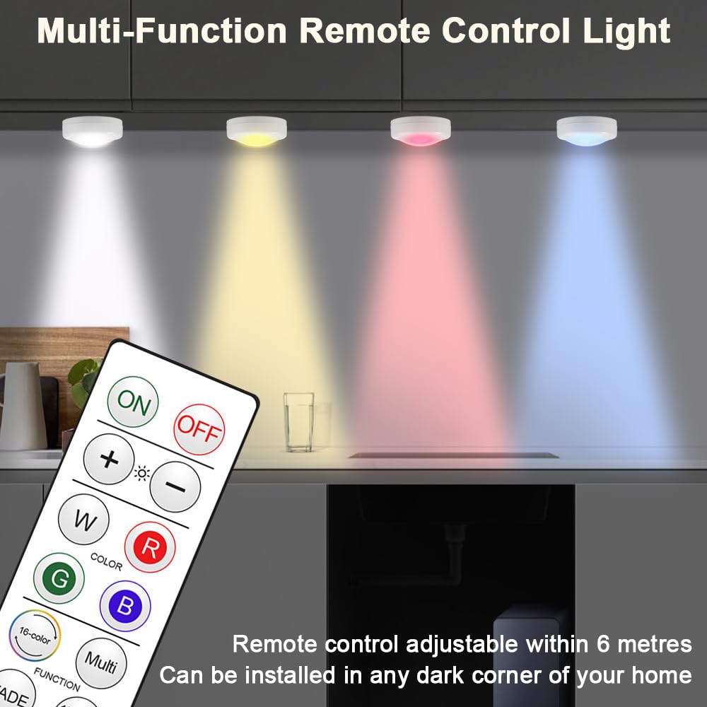 Spot RGB Led Sans Fil a Pile Autocollant, 4 Pièces 16 Couleurs Dimmable Led Telecommande Sans Fil avec Telecommande et Fonction Minuterie, Lampe de Placard Eclairage pour Cuisine Chambre