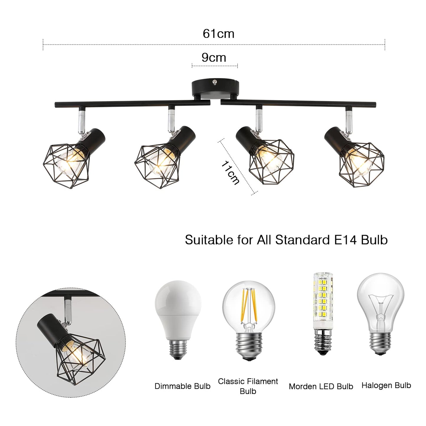 Mchoter Plafonnier LED 4 Spots Orientables Pivotants Plafonnier Industrielle Rétro en Métal Noir Cage, Spots de Plafond Suspension Luminaire Spot Led pour Cuisine Couloir Salon Chambre Coucher