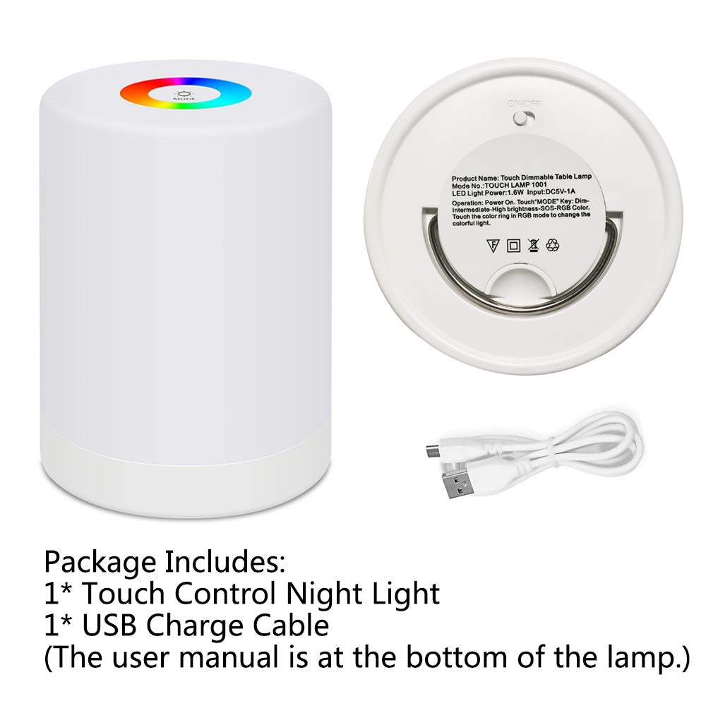 Veilleuse LED, Lampe de Table de Chevet Intelligente, Commande Tactile Dimmable, Rechargeable par USB, Portable, Changement de Couleur RGB pour les Enfants, Chambre Camping (Blanc Chaud)