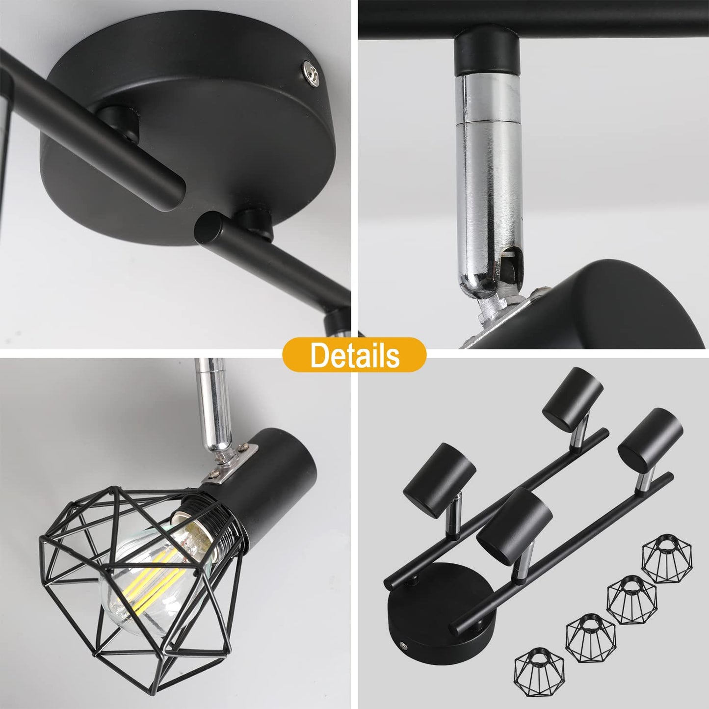 Mchoter Plafonnier LED 4 Spots Orientables Pivotants Plafonnier Industrielle Rétro en Métal Noir Cage, Spots de Plafond Suspension Luminaire Spot Led pour Cuisine Couloir Salon Chambre Coucher