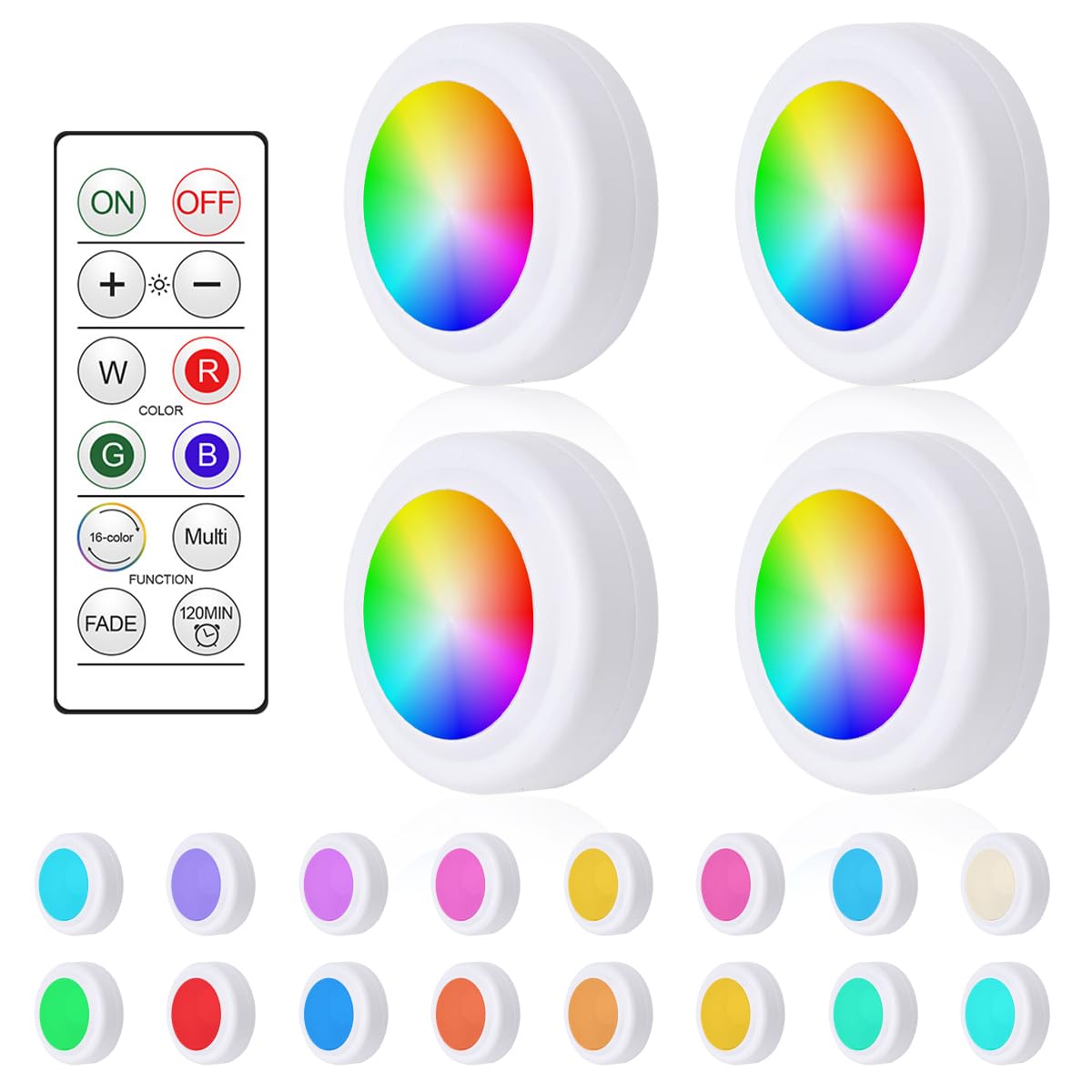 Spot RGB Led Sans Fil a Pile Autocollant, 4 Pièces 16 Couleurs Dimmable Led Telecommande Sans Fil avec Telecommande et Fonction Minuterie, Lampe de Placard Eclairage pour Cuisine Chambre