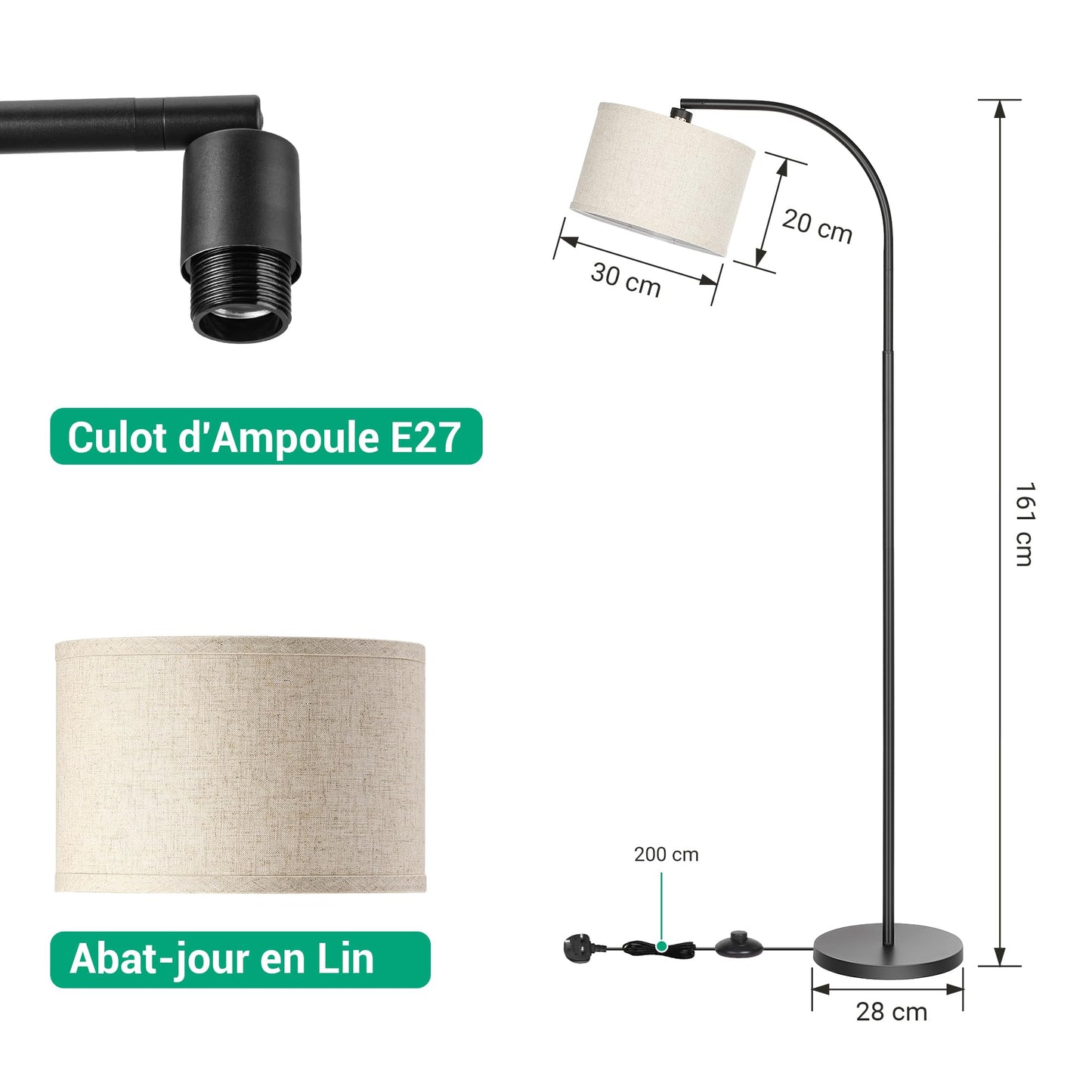 EDISHINE Lampadaire sur Pied Salon, Lampe à Arc avec Abat-Jour en Lin Beige, Douille E27, Lampadaire 161 cm Noir avec Abat-jour Réglable pour Chambre, Chambre d'Enfant (Ampoule non incluse)