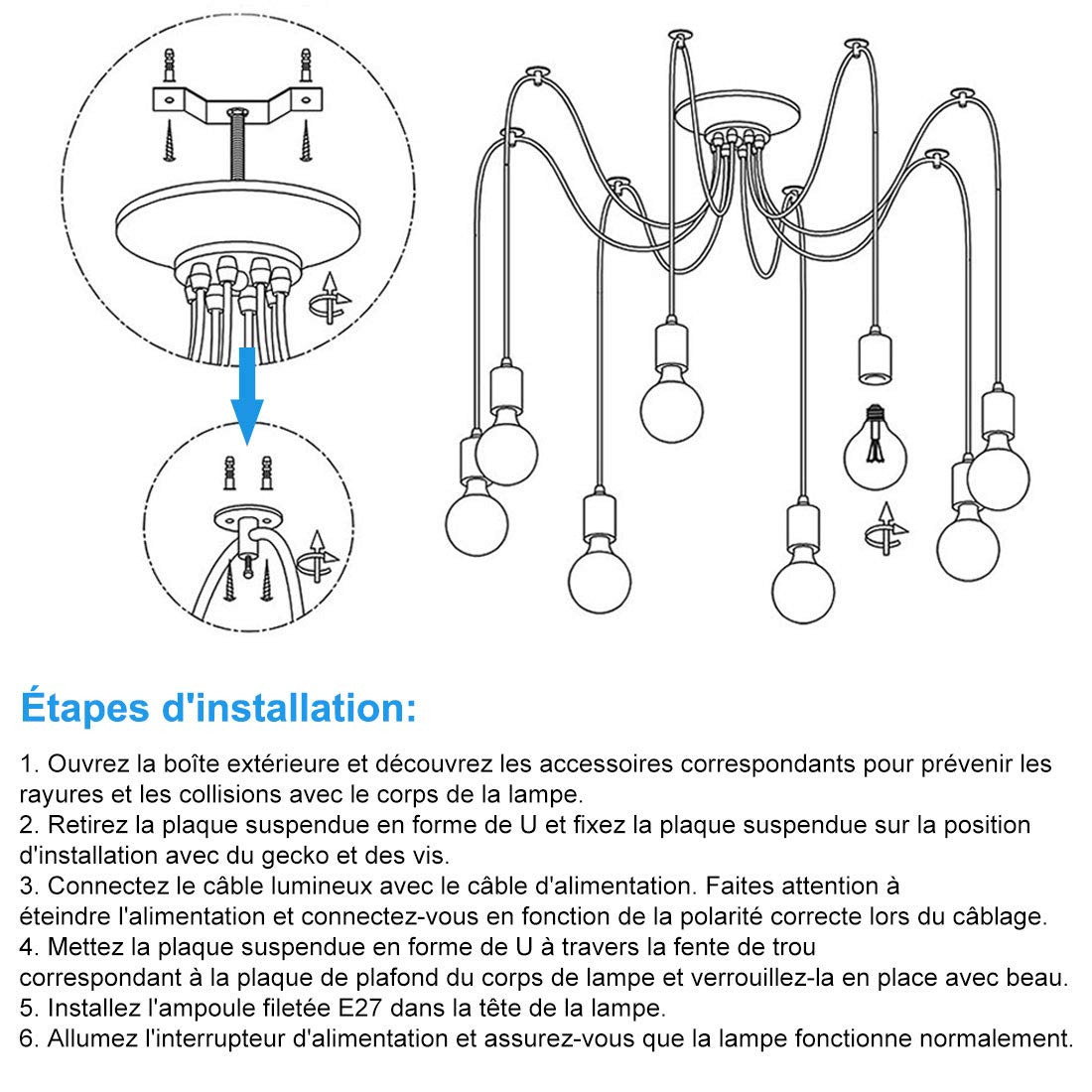 TOPDÉCORÉ Éclairage Suspendu Edison 2Mètres Réglable Plafonnier Araignée Lumière Métal Fil Cage Pendentif Éclairage Lustre Moderne Industriel Lumière Lumineuse (Ampoule NON INCLUS) (5 Bras)