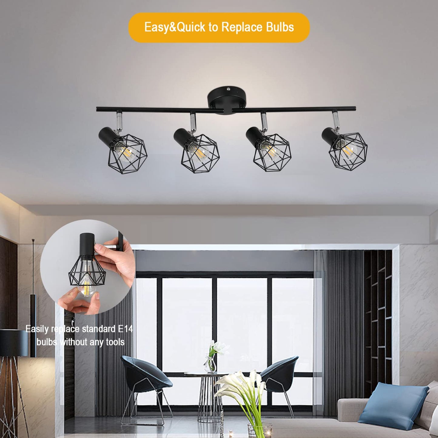 Mchoter Plafonnier LED 4 Spots Orientables Pivotants Plafonnier Industrielle Rétro en Métal Noir Cage, Spots de Plafond Suspension Luminaire Spot Led pour Cuisine Couloir Salon Chambre Coucher