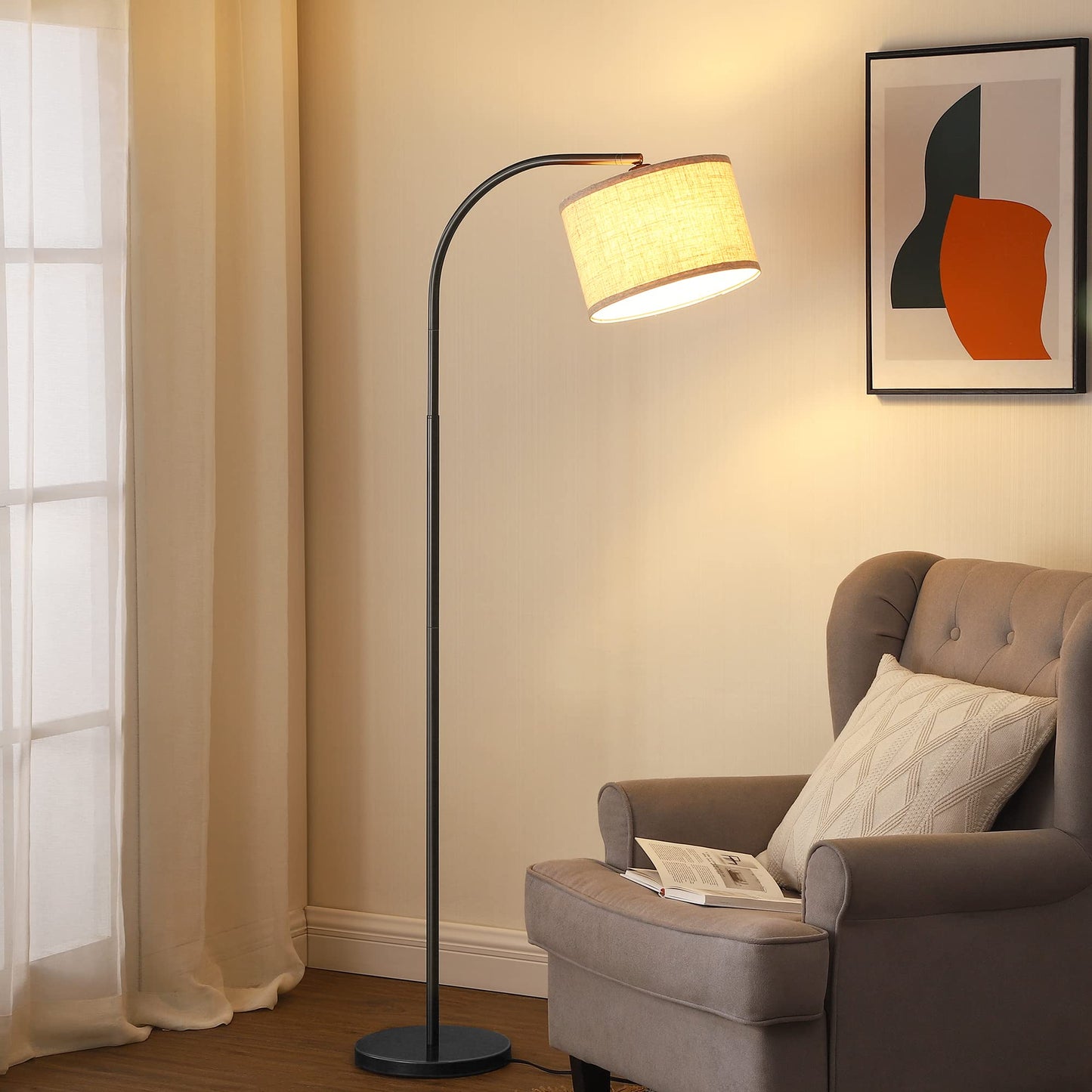 EDISHINE Lampadaire sur Pied Salon, Lampe à Arc avec Abat-Jour en Lin Beige, Douille E27, Lampadaire 161 cm Noir avec Abat-jour Réglable pour Chambre, Chambre d'Enfant (Ampoule non incluse)